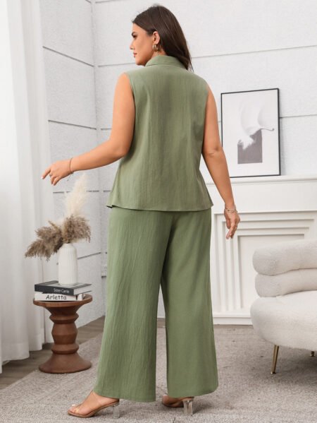 Plus Size Summer Green Sleeveless Vest & Wide-Leg Pants Casual Two-Piece Set