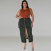 Plus Size Denim Fit Long Skirt with Zipper Pockets