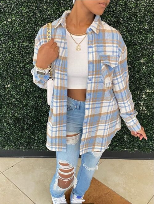 Plus Size Woolen Collared Button Pocket Coat