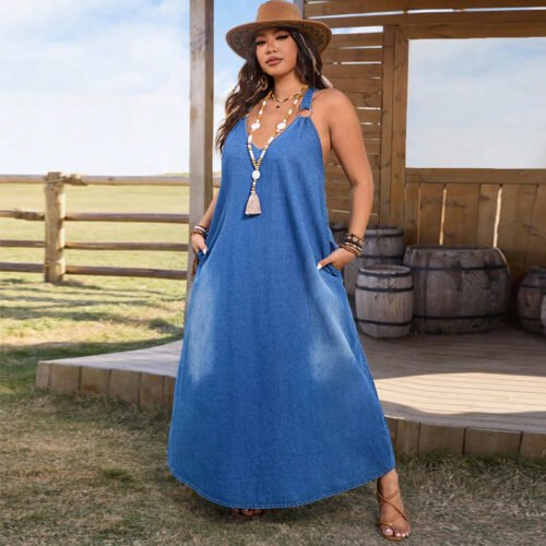 Elegant French Deep V Plunge Sleeveless Summer Dress