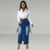 Plus Size Trendy Denim Split Long Skirt with Bag Pockets