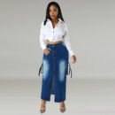 Plus Size Trendy Denim Split Long Skirt with Bag Pockets