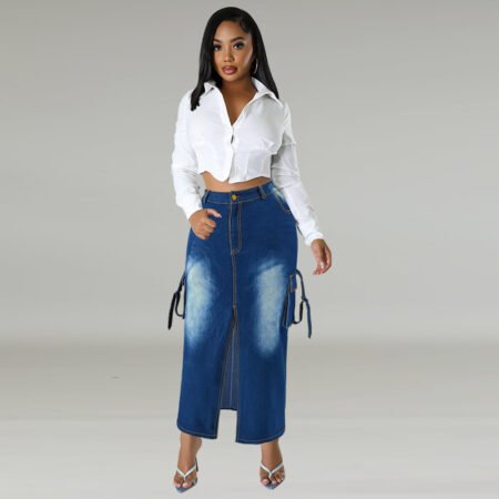 Plus Size Trendy Denim Split Long Skirt with Bag Pockets