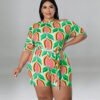 Plus Size Cross-Shoulder Printed Romper with Belt