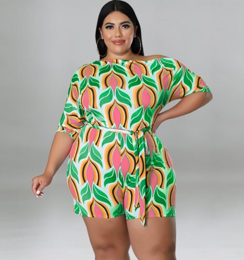 Plus Size Cross-Shoulder Printed Romper with Belt