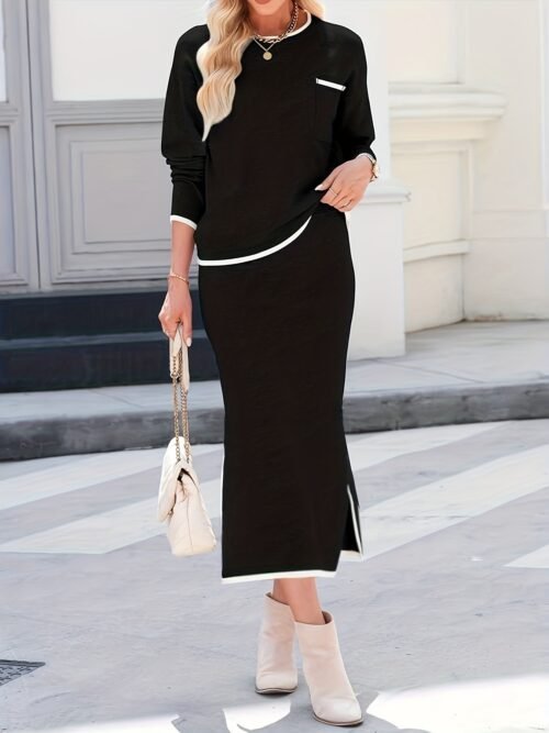 Women’s Elegant Round Neck Long Sleeve Two-Piece Set