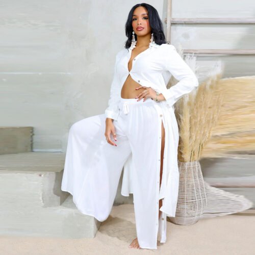 Solid Color Buttoned Blouse & Pants Set