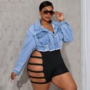 Edgy Plus Size Ripped Denim Jacket with Long Sleeves