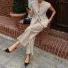 Retro Elegant Khaki V Neck Two Piece Vest & Trousers Set