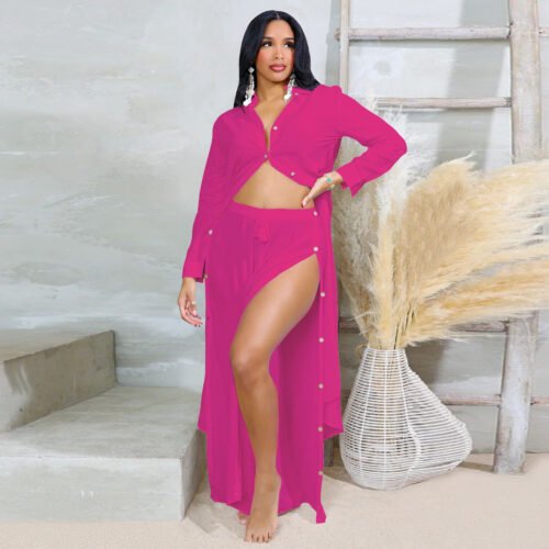 Solid Color Buttoned Blouse & Pants Set