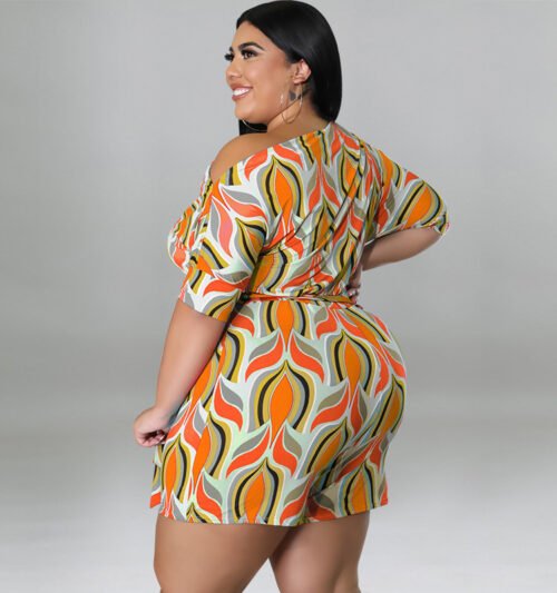 Plus Size Cross-Shoulder Printed Romper with Belt