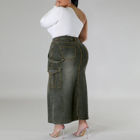 Plus Size Decorative Denim Sleeveless Split Long Skirt