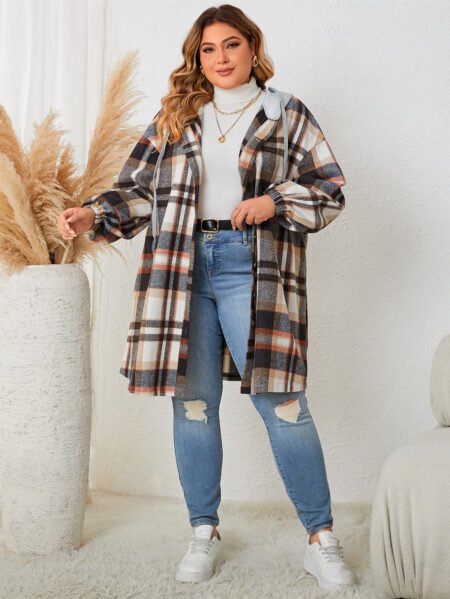 Plus Size Autumn Winter Plaid Hooded Coat