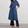Long Denim Windbreaker Coat with Pockets