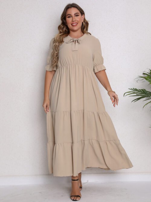 Plus Size Round Neck Bow Detail Summer Dress