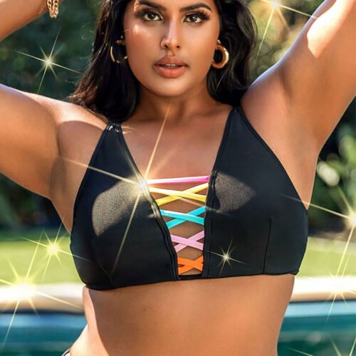 Plus Size Color Block Cutout Bikini with Push-Up Top