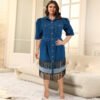 Plus Size Collared Two-Tone Denim Tassel Maxi Dress