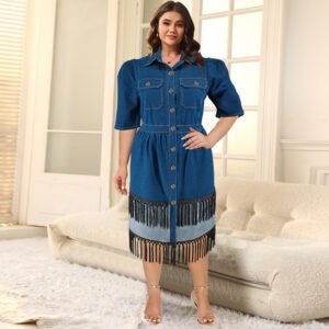 Plus Size Collared Two-Tone Denim Tassel Maxi Dress