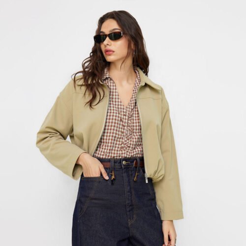 Khaki Office Zipper Work Jacket for Women