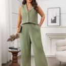 Plus Size Summer Green Sleeveless Vest & Wide-Leg Pants Casual Two-Piece Set
