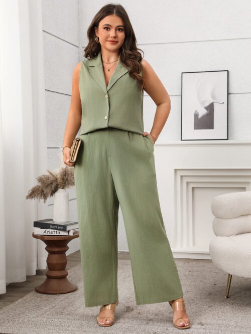 Plus Size Summer Green Sleeveless Vest & Wide-Leg Pants Casual Two-Piece Set
