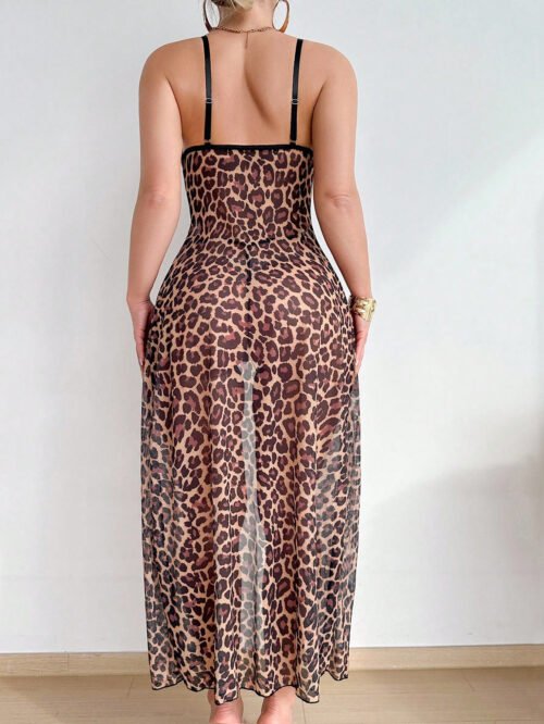 Leopard Print See-Through Maxi Lingerie Two-Piece Set