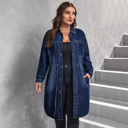 Plus Size Tight Waist Denim Shirt Coat – Fall & Winter