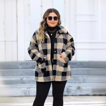 Plus Size Thickened Plaid Fleece Coat with Turn-Down Collar
