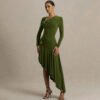 Pleated Asymmetric Slim Maxi Dress for Autumn Winter
