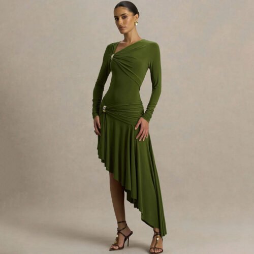 Pleated Asymmetric Slim Maxi Dress for Autumn Winter