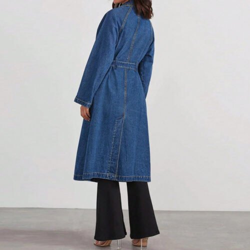 Long Denim Windbreaker Coat with Pockets