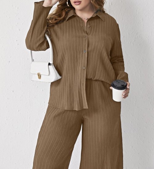 Plus Size Pleated Loose Shirt & High-Waist Trousers Spring-Autumn Two-Piece S