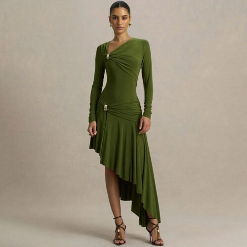 Pleated Asymmetric Slim Maxi Dress for Autumn Winter