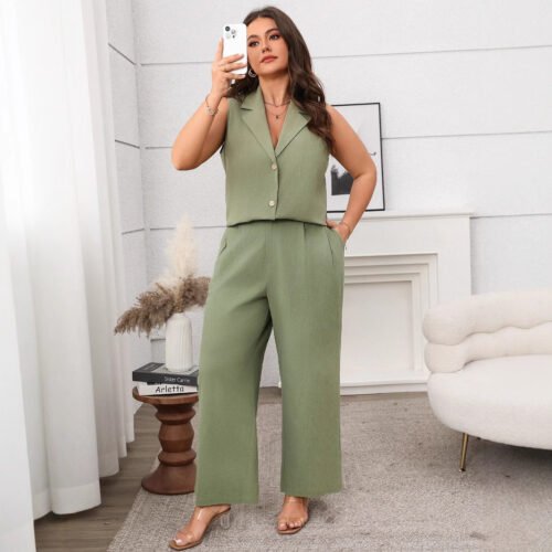 Plus Size Summer Green Sleeveless Vest & Wide-Leg Pants Casual Two-Piece Set