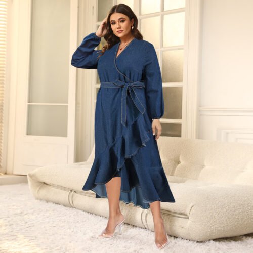 Plus Size Denim Irregular Asymmetric Maxi Dress with Tie Sleeves