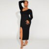 Plus Size Split V-Neck Hip Long Sleeve French Dress
